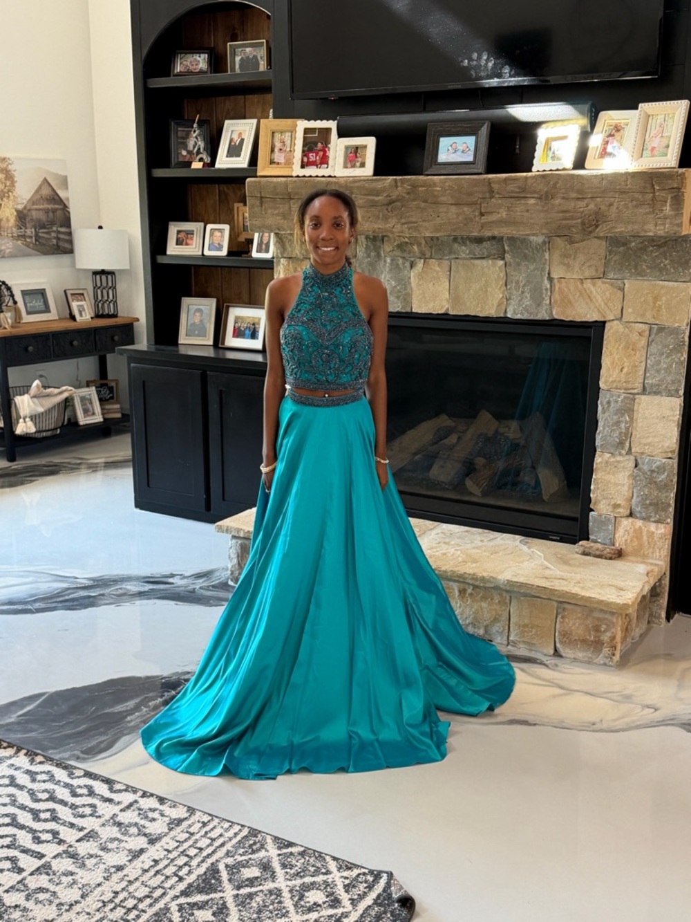 Sherri Hill Sz 2 Teal Beaded Halter Prom Gown